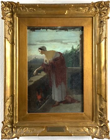 Eleuterio Pagliano "Bozzetto per figura femminile al balcone" 
olio su tela (cm