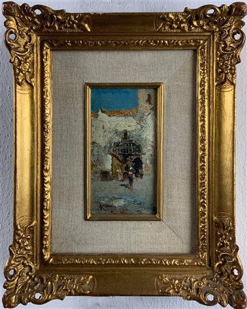 Oscar Ricciardi "Scorcio di cortile" 
olio su cartoncino (cm 12,5x7)
firmato in