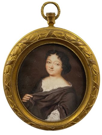 Arte francese del secolo XIX. Ritratto di gentildonna, miniatura su carta ovale