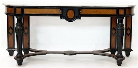 Console in legno ebanizzato con elementi in radica, gambe anteriori intagliate