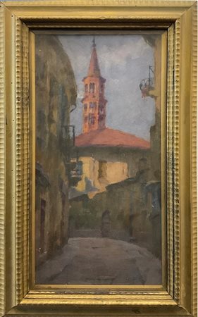 Oreste Paltrinieri "Via delle Ore, Milano, 1935" 
olio su compensato (cm 50x25)