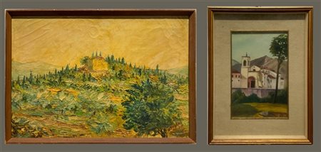 Lotto composto da un olio su tela raffigurante paesaggio (cm 34x49) firmato Pao