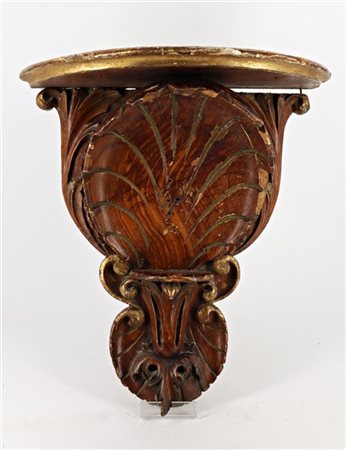 Mensola in legno intagliato e dipinto decorata a volute con profili dorati (cm