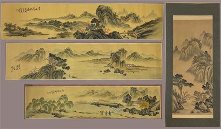 Lotto composto di uno scroll e tre dipinti su seta raffiguranti paesaggi
Cina,s