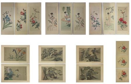 Lotto composto di numerosi dipinti su seta raffiguranti soggetti vari
Cina, sec