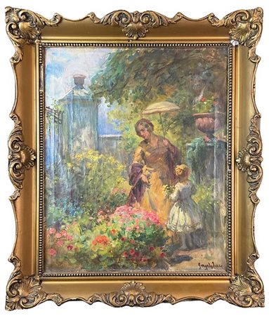 Ignoto di inizio secolo XX

"Madre e figlia in giardino" 
olio su tela (cm 50x4