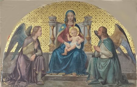 Luigi Morgari "Lunetta ad olio su tela raffigurante Madonna in trono con Bambino