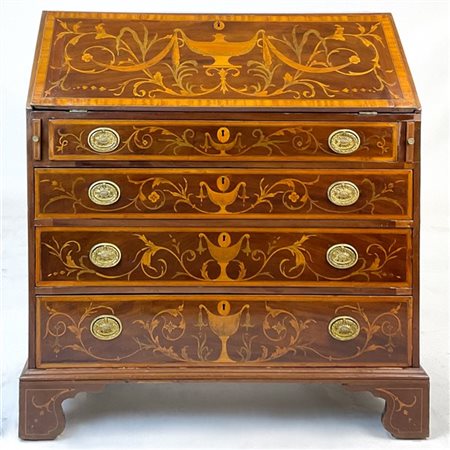 Ribalta impiallacciata in mogano, filettata e intarsiata in legni vari con fron