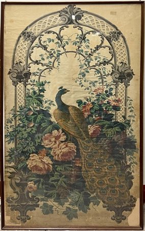 Arazzo stampato con matrici su tela di cotone apprettata raffigurante un pavone