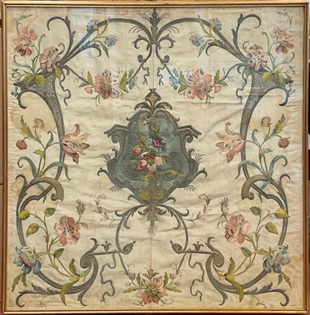 Ricamo in seta e fili d’argento su raso di seta color crema. 
Italia, Roma ? Se