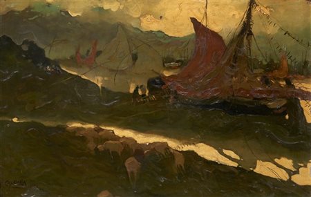 Tommaso Cascella "Barche al porto" 
olio su carta applicata tela (cm 58x87)
Firm