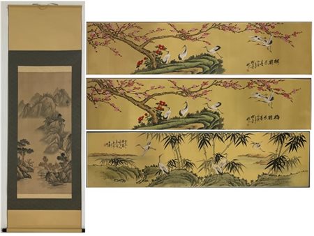 Lotto composto di uno scroll e tre dipinti su seta raffiguranti paesaggi
Cina,s
