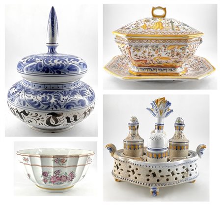 Lotto composto da un vaso da farmacia con coperchio, una piccola zuppiera bians