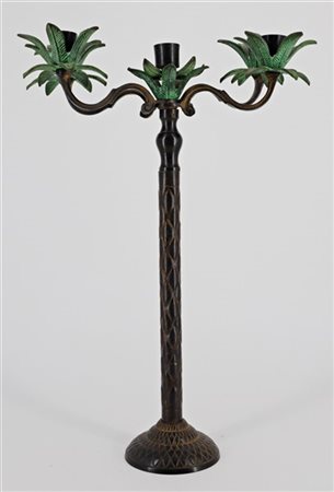 Candelabro a cinque luci a forma di palma in metallo patinato e dipinto (h. cm