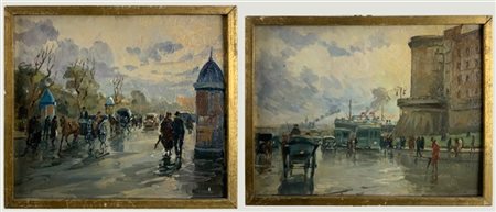 Michele De Simone Coppia di dipinti ad olio su compensato raffiguranti scorci di