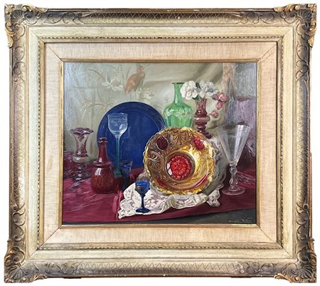 Giuseppe Didone "Composizione con vetri e pizzo" 1951
olio su tela (cm 55x60)
fi