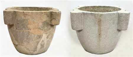 Coppia di grandi mortai in pietra (cm 53x36x53) (difetti e restauri)