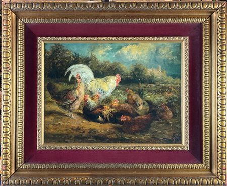 Ignoto 

"Galline entro paesaggio" 
olio su tela (cm 30x40)
reca firma indecifr