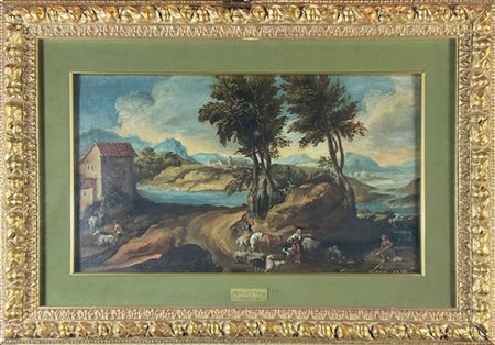 Ignoto "Scorcio lacustre con viandanti e armenti" 
olio su cartone pressato (cm