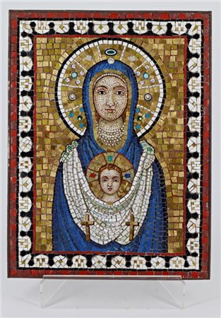 Arte del secolo XX. Madonna con Bambino, mosaico policromo con cornice in metal