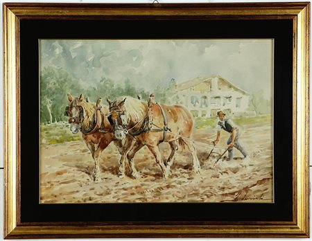 Firma in basso a destra. Al retro titolo, tecnica, dimensioni e timbro della...