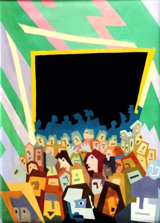 RICCARDO MINUTI 1930 " Folla ", 1951 Olio su tavola, cm. 70 x 50 Firmato e...