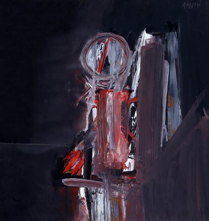 PIERO RUGGERI 1930 - 2009 " Figura nera ", anni 70 Olio su tavola, cm. 40 x...