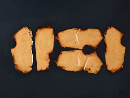 TURI SIMETI 1929 " Composizione ", 1961 Olio e carte bruciate su tela, cm. 64...