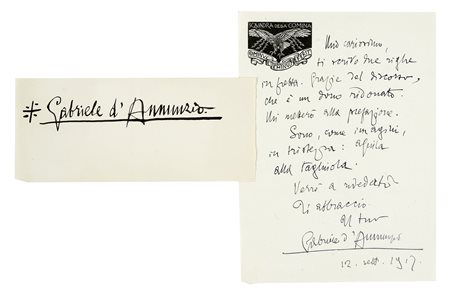 D'Annunzio Gabriele, Lettera autografa firmata. Datata 12 settembre 1912....