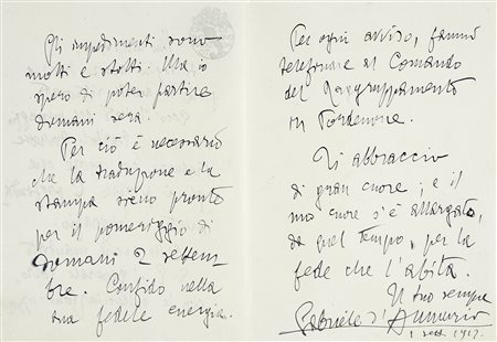 D'Annunzio Gabriele, Lettera autografa firmata. Datata 1 settembre 1912....