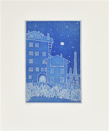 Francesco Casorati PRIMI SCIOPERI DEI TESSILI acquatinta, cm 29x17,5, su...