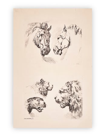 STEFANO DELLA BELLA (1610-1664) - due teste di cavallo, due teste di leone e una piccola testa di tigre
