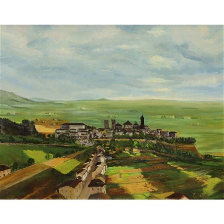 Clemente Pozzali - Paesaggio con paese in pianura, 1989