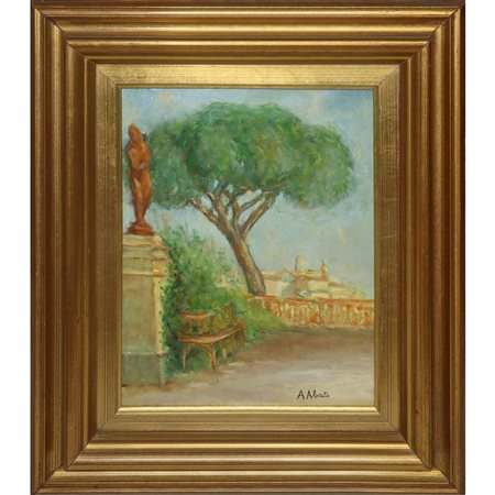 Alberto Abate (Roma  1946-Roma 2012)  - Terrazzo con albero con vista di paesaggio