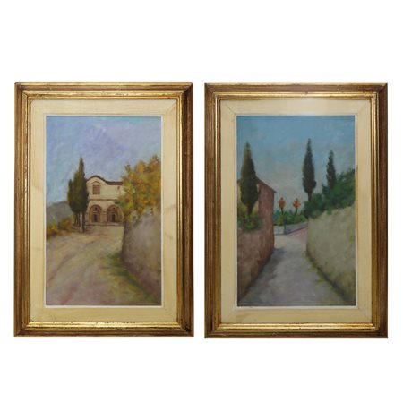Coppia di dipinti, Strada con casa di campagna e Strada di campagna con cipressi