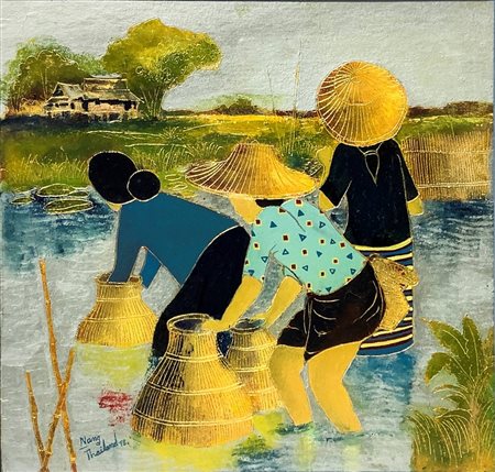 Raccoglitori di riso, incisione.