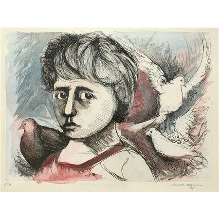 Santo Marino (Militello val di Catania  1924-1991)  - Ragazza con colombe, 1979
