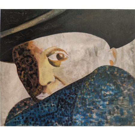 Bruno Zieger, Omaggio a Picasso (1973), tecnica mista su tela, cm 60x70