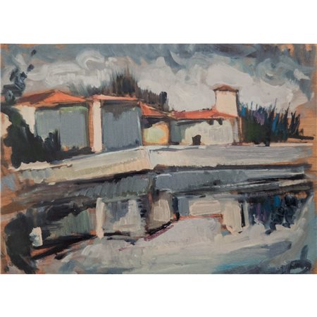 Giuseppe Groff, Paese in riva al fiume, olio su tavola, cm 31x41