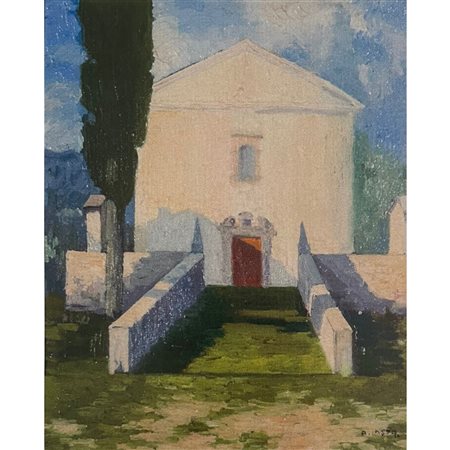 Attilio Lasta, Esterno di chiesa, olio su tavola, cm 27x21,5