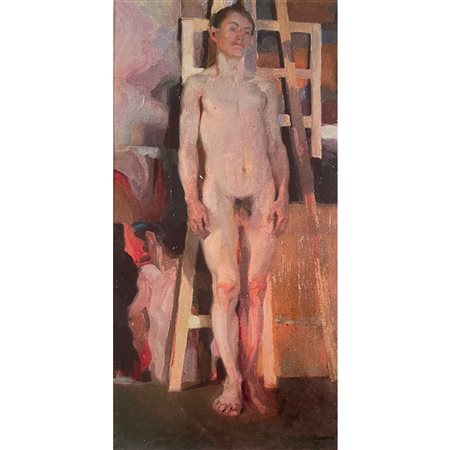 Camillo Bernardi (attr.), Nudo di ragazzino, olio su tela, cm 113x59. Firmato...