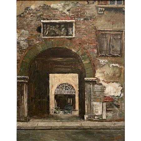 Renato Dorigatti, Edificio veneto, olio su tavola, cm 78x58