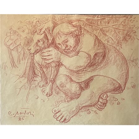 Carlo Sartori, Donna con cane (1985), sanguigna su carta, cm 40x50
