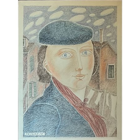 Gino Castelli, La ragazza col basco blu (2005), disegno china e pastelli cm...