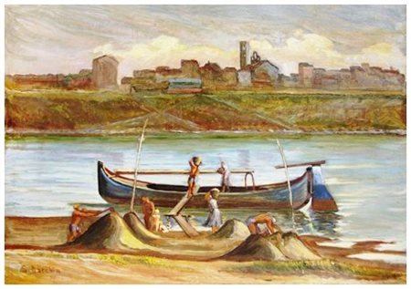 SANTI MACCHIA Pisa 1884 – 1964 Pisa - I renaioli d’Arno con S. Marco sullo...