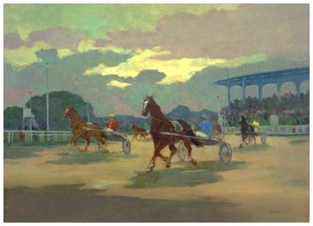 RENATO NATALI Livorno 1883 – 1979 Corse a trotto Olio su tavola 50 x 70....