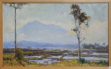 Carel Lodewijk Dake Junior (1886 - 1946) 
Paesaggio Sawah con un vulcano sullo sfondo