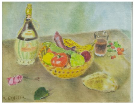Nazzareno Cugurra (1924) 
Fiaschetto e bicchiere con vino rosso / Cestino con frutta e verdura / Ravanelli, visciole, pane casareccio / Rosa appassita, foglia di Rosa, 1987