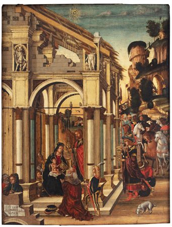 Domenico Morone (1442 - 1518) , attribuito a
Adorazione dei Magi ("Natus est redemptor Mondi"), 1490-1500 circa