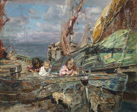 Beppe Ciardi (1875 - 1932) 
Bambine nella barca (La riparazione delle reti), 1911